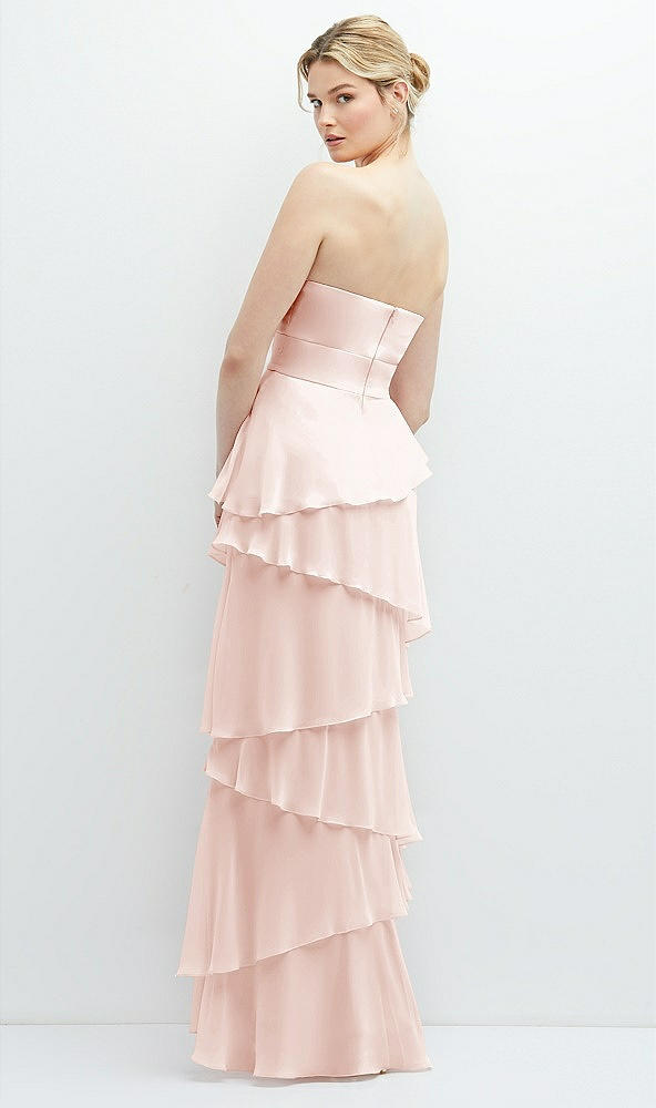 Back View - Blush Strapless Asymmetrical Tiered Ruffle Chiffon Maxi Dress