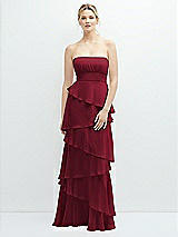 Front View Thumbnail - Burgundy Strapless Asymmetrical Tiered Ruffle Chiffon Maxi Dress