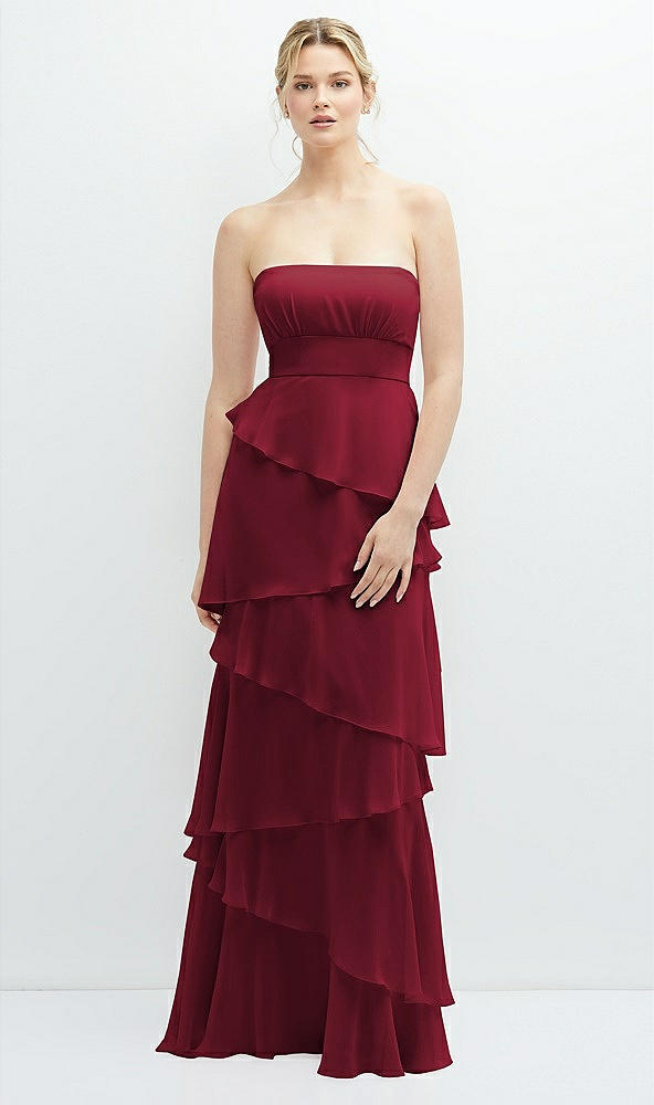 Front View - Burgundy Strapless Asymmetrical Tiered Ruffle Chiffon Maxi Dress