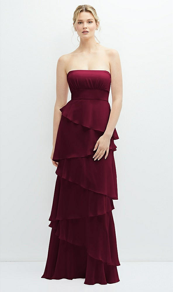 Front View - Cabernet Strapless Asymmetrical Tiered Ruffle Chiffon Maxi Dress