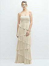 Front View Thumbnail - Champagne Strapless Asymmetrical Tiered Ruffle Chiffon Maxi Dress