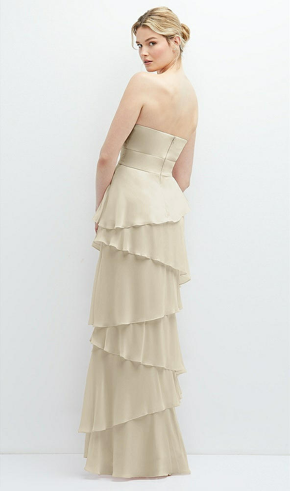 Back View - Champagne Strapless Asymmetrical Tiered Ruffle Chiffon Maxi Dress