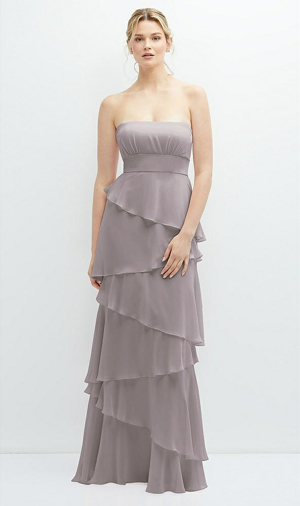 Front View - Cashmere Gray Strapless Asymmetrical Tiered Ruffle Chiffon Maxi Dress