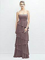 Front View Thumbnail - French Truffle Strapless Asymmetrical Tiered Ruffle Chiffon Maxi Dress