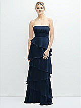 Front View Thumbnail - Midnight Navy Strapless Asymmetrical Tiered Ruffle Chiffon Maxi Dress