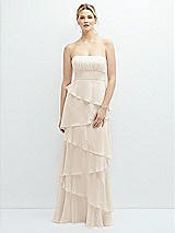 Front View Thumbnail - Oat Strapless Asymmetrical Tiered Ruffle Chiffon Maxi Dress