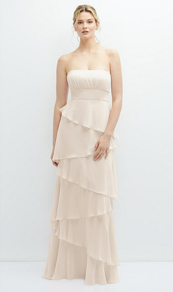 Front View - Oat Strapless Asymmetrical Tiered Ruffle Chiffon Maxi Dress