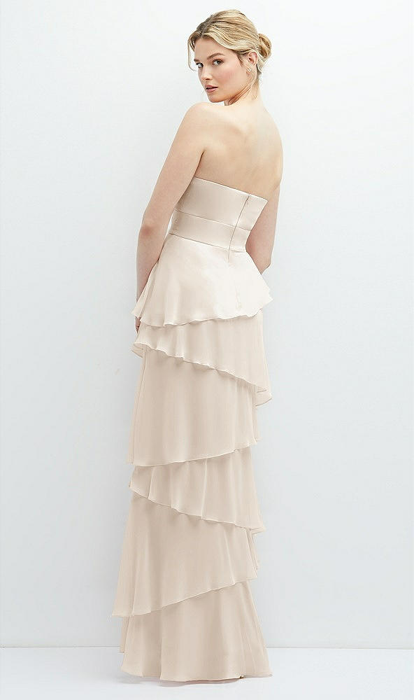 Back View - Oat Strapless Asymmetrical Tiered Ruffle Chiffon Maxi Dress