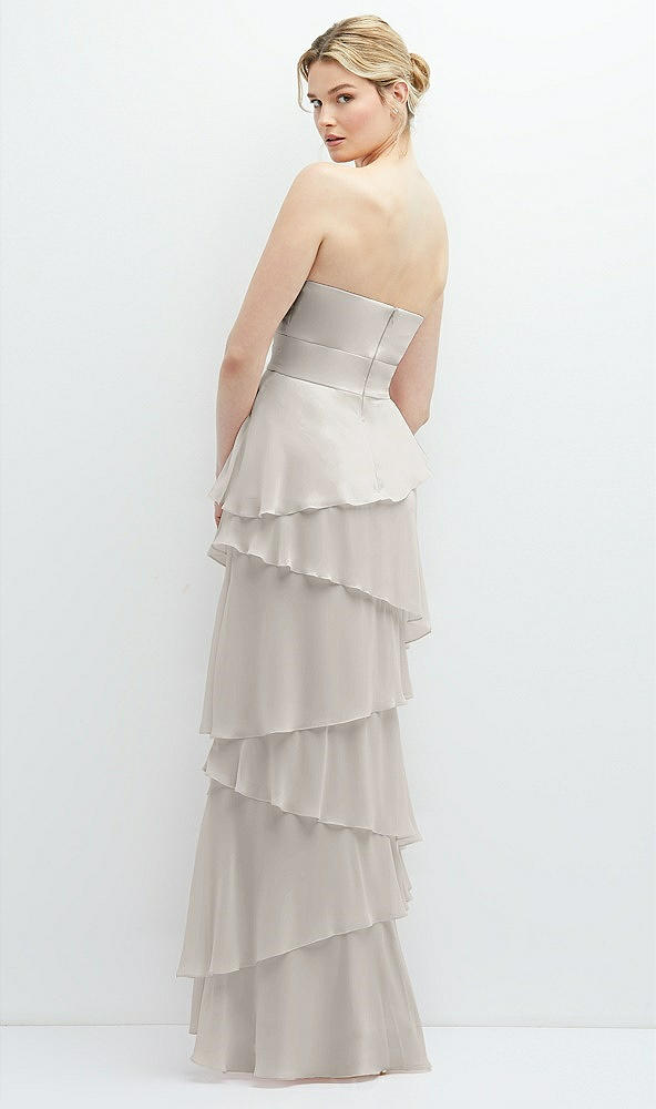 Back View - Oyster Strapless Asymmetrical Tiered Ruffle Chiffon Maxi Dress