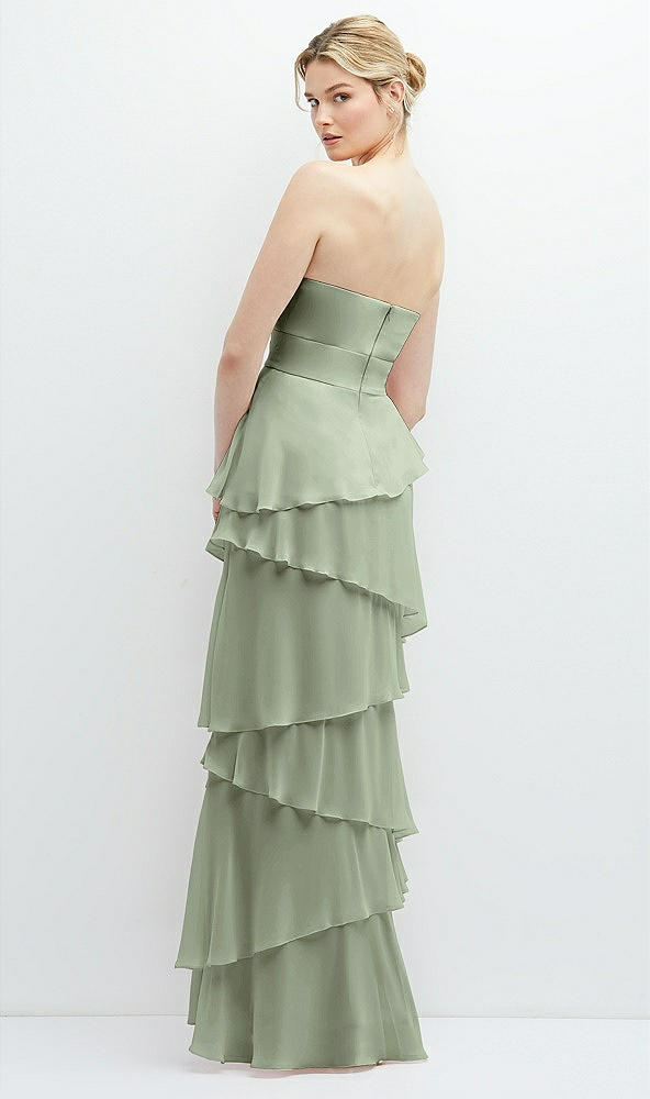 Back View - Sage Strapless Asymmetrical Tiered Ruffle Chiffon Maxi Dress