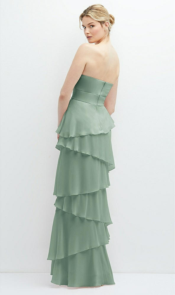 Back View - Seagrass Strapless Asymmetrical Tiered Ruffle Chiffon Maxi Dress