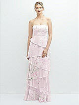 Front View Thumbnail - Watercolor Print Strapless Asymmetrical Tiered Ruffle Chiffon Maxi Dress