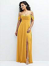 Front View Thumbnail - NYC Yellow Chiffon Corset Maxi Dress with Removable Off-the-Shoulder Swags