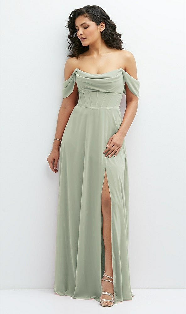 Front View - Celadon Chiffon Corset Maxi Dress with Removable Off-the-Shoulder Swags