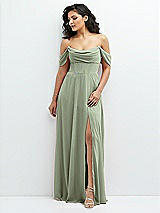 Front View Thumbnail - Sage Chiffon Corset Maxi Dress with Removable Off-the-Shoulder Swags