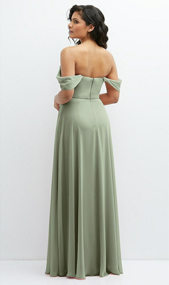 Back View - Sage Chiffon Corset Maxi Dress with Removable Off-the-Shoulder Swags