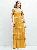 Alt View 1 Thumbnail - NYC Yellow Tiered Chiffon Maxi A-line Dress with Convertible Ruffle Straps