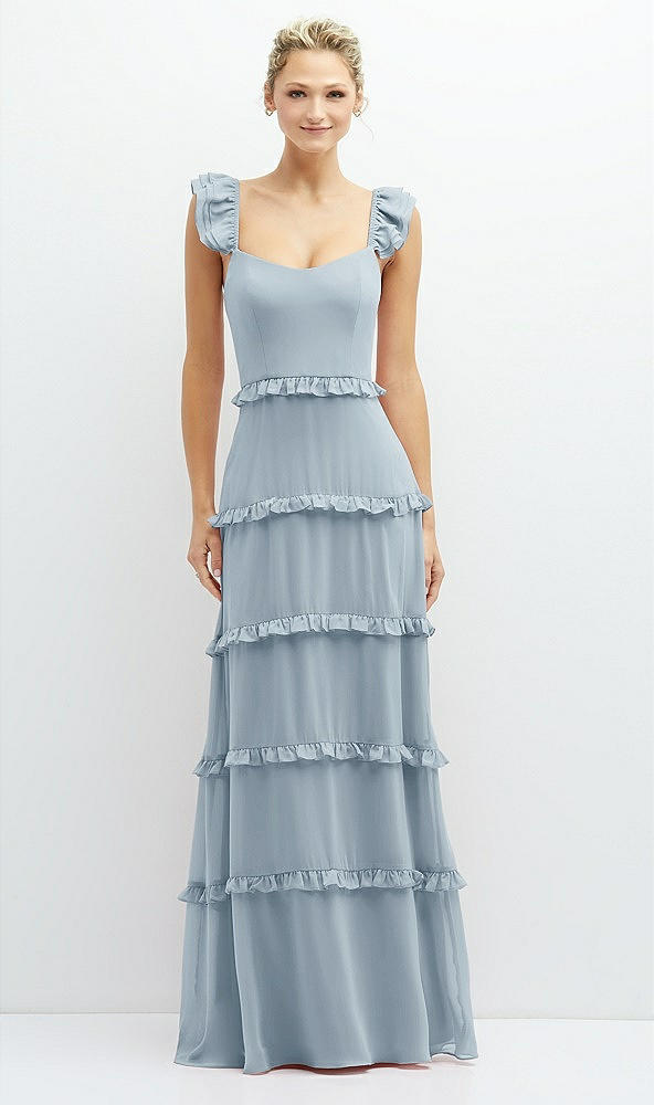 Front View - Mist Tiered Chiffon Maxi A-line Dress with Convertible Ruffle Straps