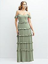 Alt View 1 Thumbnail - Sage Tiered Chiffon Maxi A-line Dress with Convertible Ruffle Straps