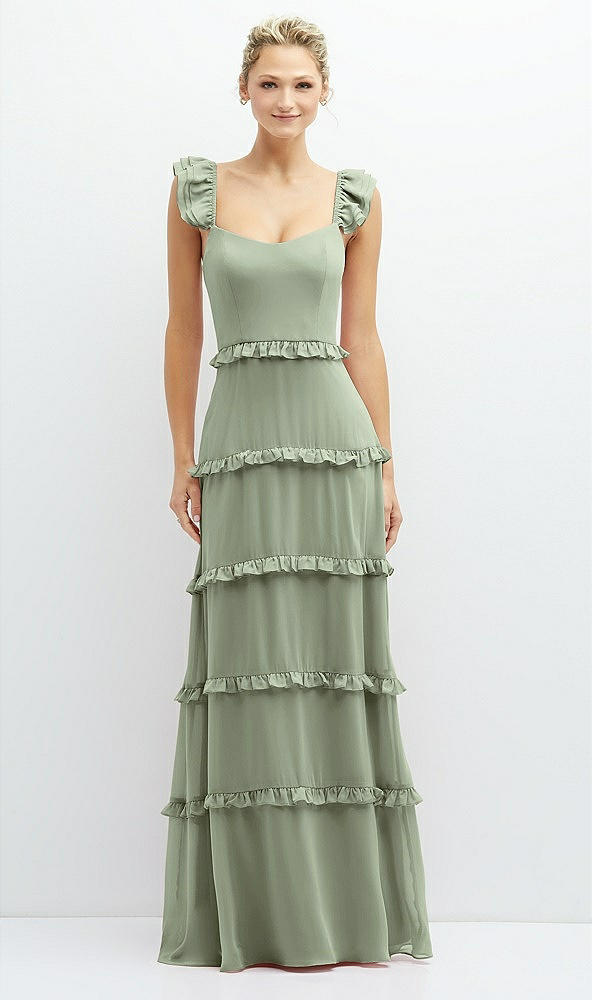 Front View - Sage Tiered Chiffon Maxi A-line Dress with Convertible Ruffle Straps