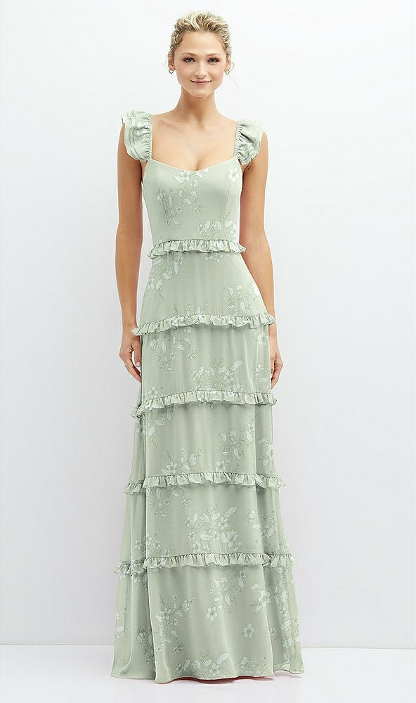 Front View - Vintage Primrose Sage Tiered Chiffon Maxi A-line Dress with Convertible Ruffle Straps