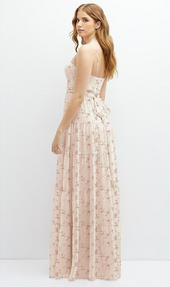 Back View - Coquette Floral Print Modern Regency Chiffon Tiered Maxi Dress with Tie-Back