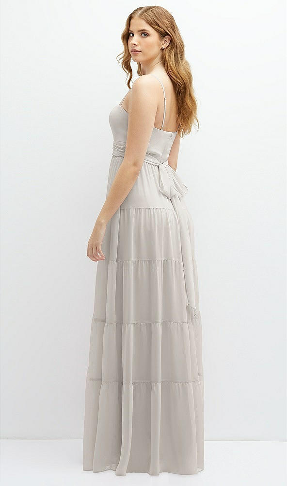 Back View - Oyster Modern Regency Chiffon Tiered Maxi Dress with Tie-Back