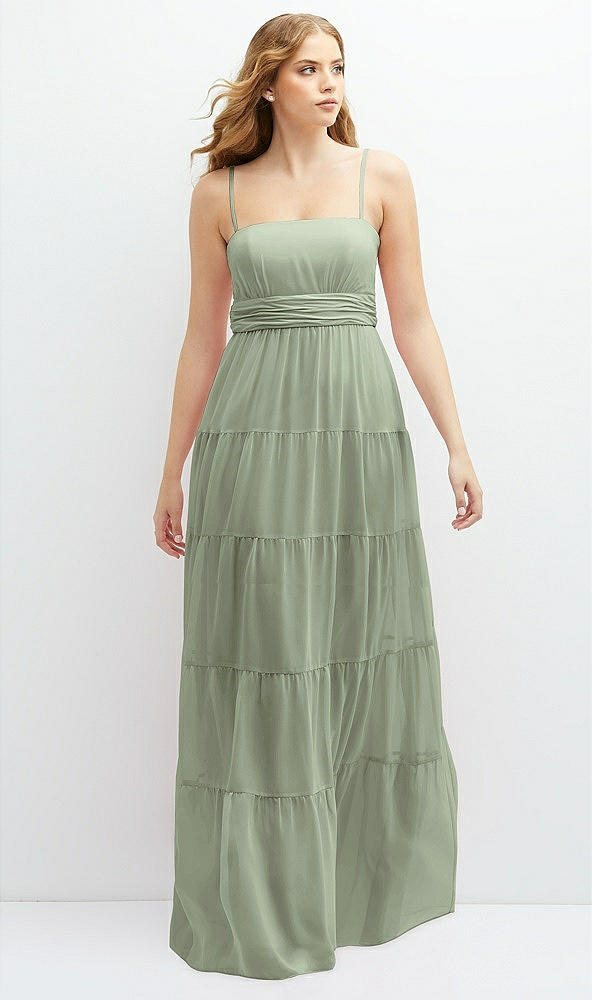 Front View - Sage Modern Regency Chiffon Tiered Maxi Dress with Tie-Back