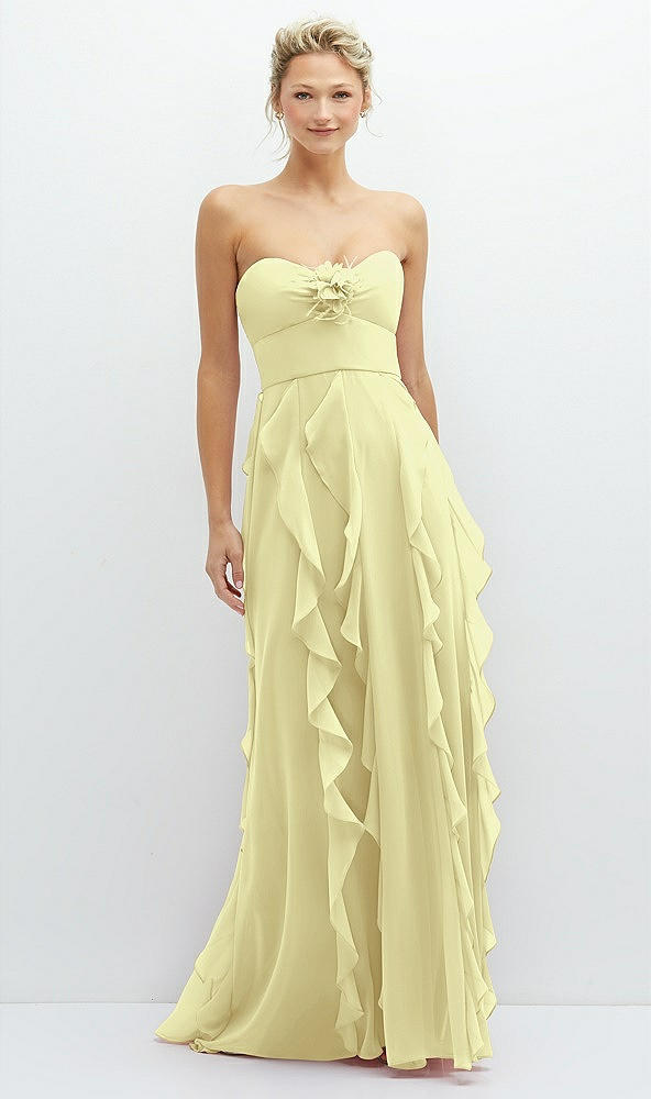 Front View - Butter Yellow Strapless Vertical Ruffle Chiffon Maxi Dress with Flower Detail