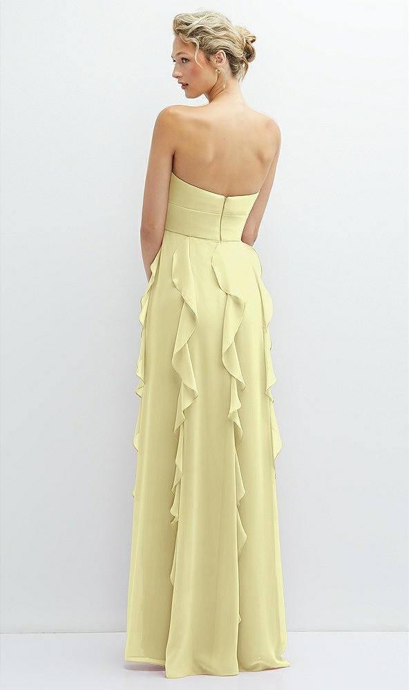 Back View - Butter Yellow Strapless Vertical Ruffle Chiffon Maxi Dress with Flower Detail