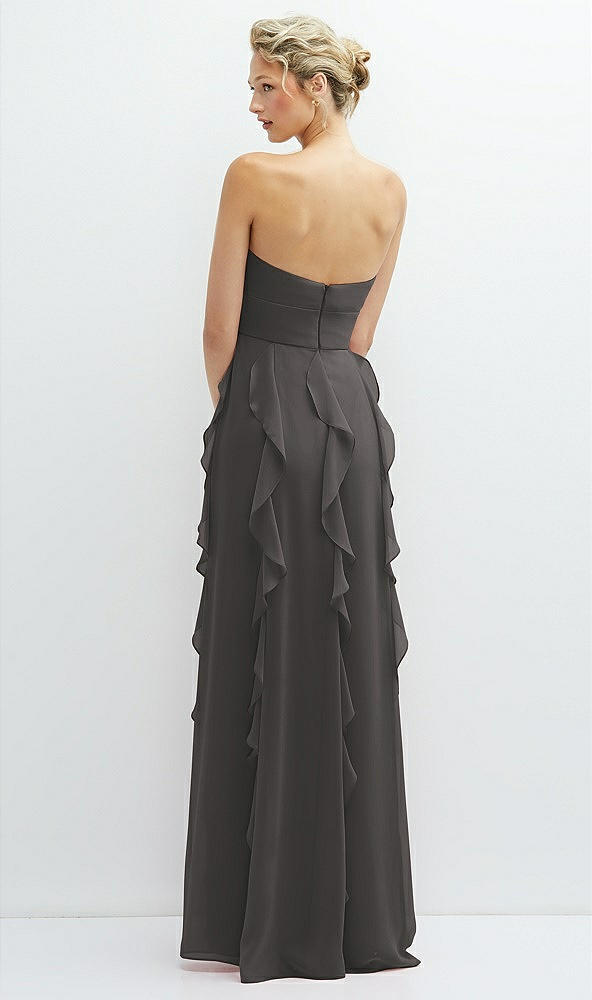 Back View - Caviar Gray Strapless Vertical Ruffle Chiffon Maxi Dress with Flower Detail