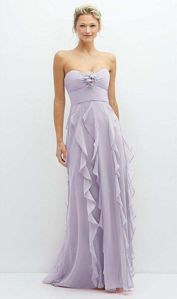 Front View - Moondance Strapless Vertical Ruffle Chiffon Maxi Dress with Flower Detail