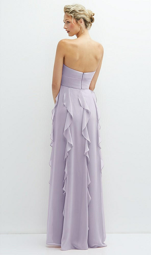 Back View - Moondance Strapless Vertical Ruffle Chiffon Maxi Dress with Flower Detail