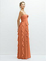 Side View Thumbnail - Sweet Melon Strapless Vertical Ruffle Chiffon Maxi Dress with Flower Detail