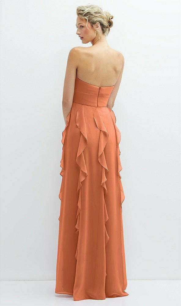 Back View - Sweet Melon Strapless Vertical Ruffle Chiffon Maxi Dress with Flower Detail