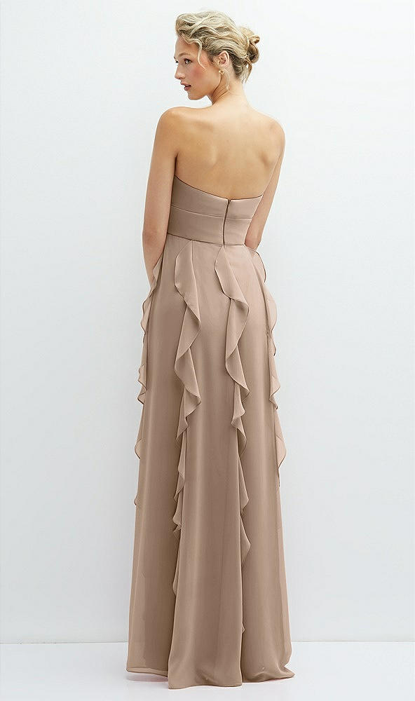 Back View - Topaz Strapless Vertical Ruffle Chiffon Maxi Dress with Flower Detail