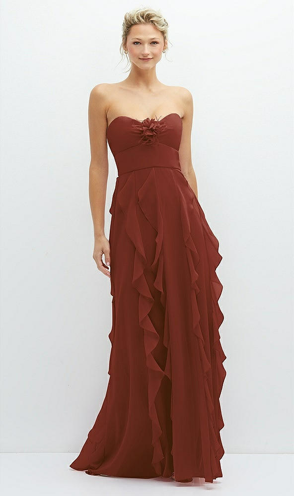 Front View - Auburn Moon Strapless Vertical Ruffle Chiffon Maxi Dress with Flower Detail