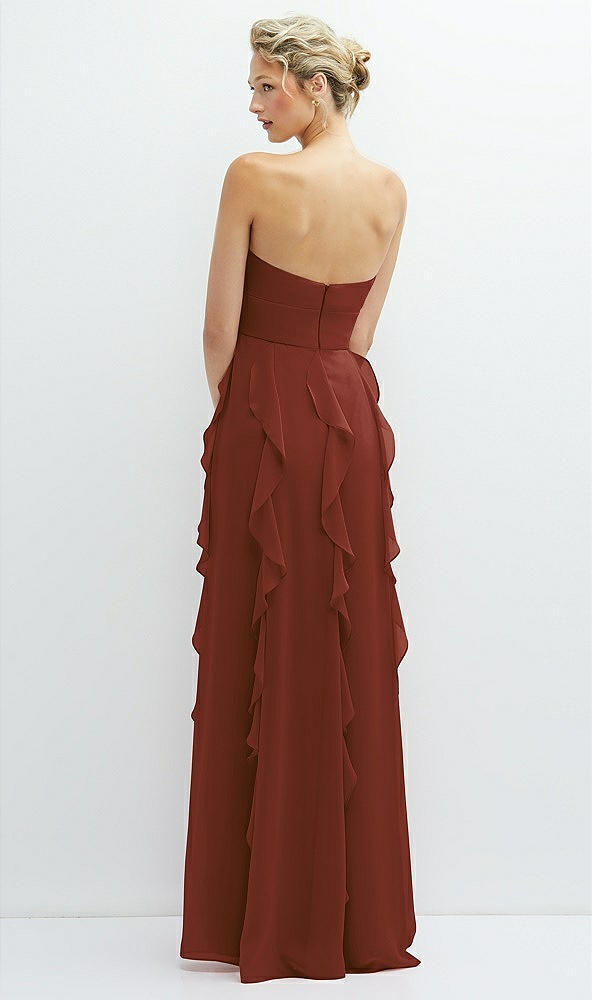 Back View - Auburn Moon Strapless Vertical Ruffle Chiffon Maxi Dress with Flower Detail