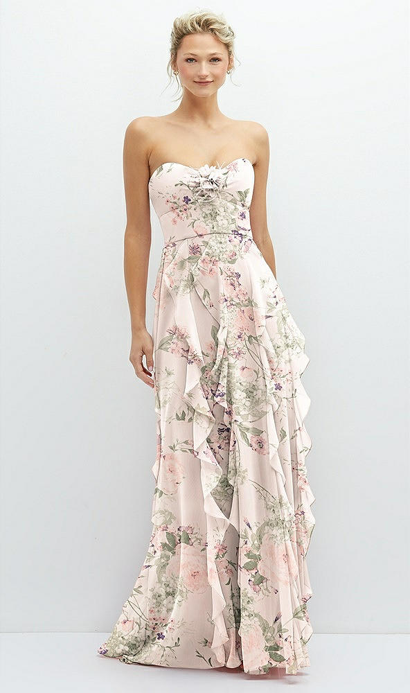 Front View - Blush Garden Strapless Vertical Ruffle Chiffon Maxi Dress with Flower Detail