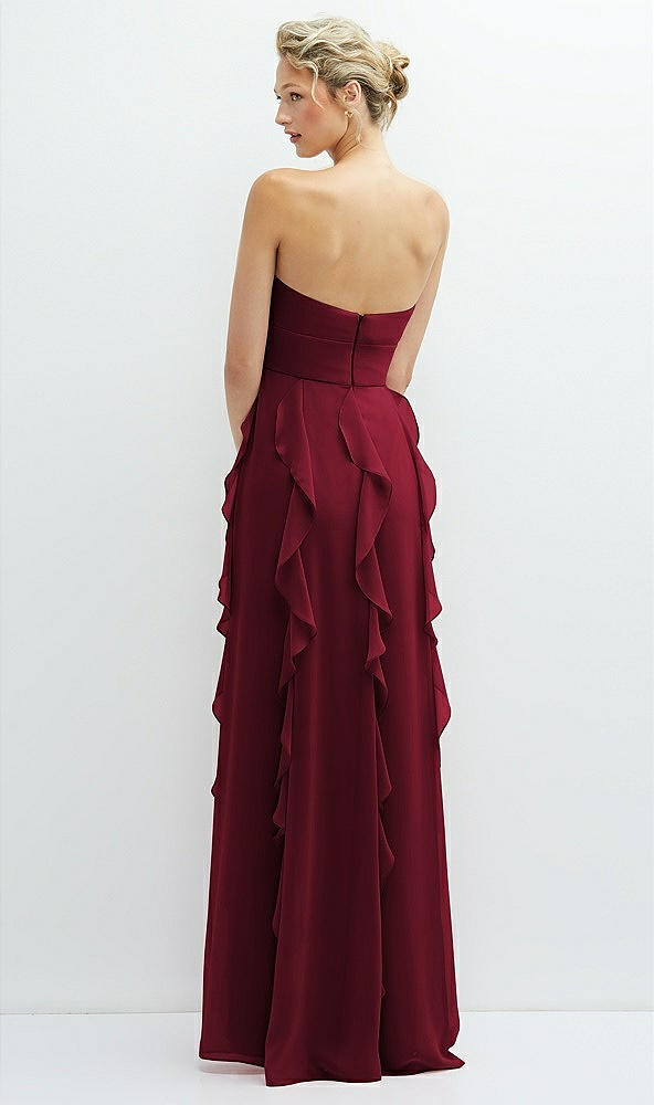 Back View - Burgundy Strapless Vertical Ruffle Chiffon Maxi Dress with Flower Detail