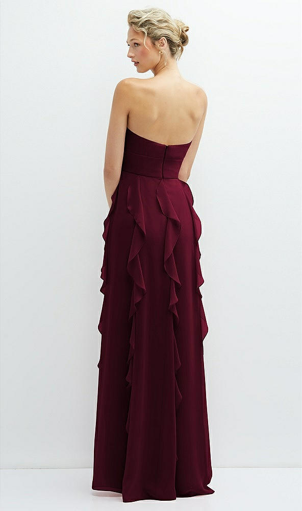 Back View - Cabernet Strapless Vertical Ruffle Chiffon Maxi Dress with Flower Detail