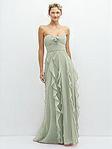 Front View Thumbnail - Celadon Strapless Vertical Ruffle Chiffon Maxi Dress with Flower Detail