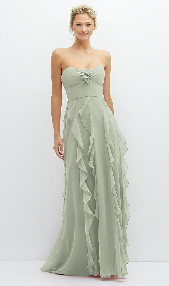 Front View - Celadon Strapless Vertical Ruffle Chiffon Maxi Dress with Flower Detail