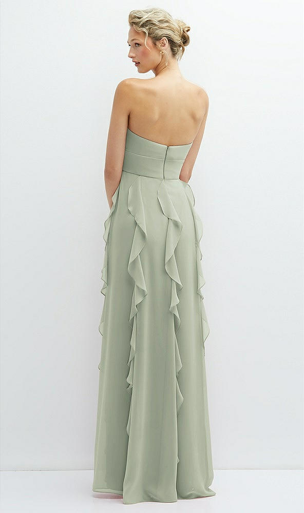 Back View - Celadon Strapless Vertical Ruffle Chiffon Maxi Dress with Flower Detail