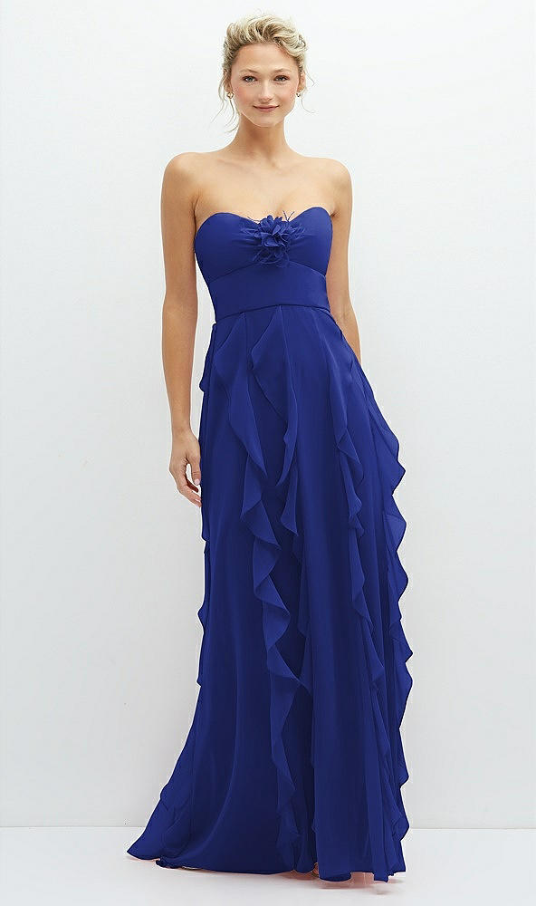 Front View - Cobalt Blue Strapless Vertical Ruffle Chiffon Maxi Dress with Flower Detail