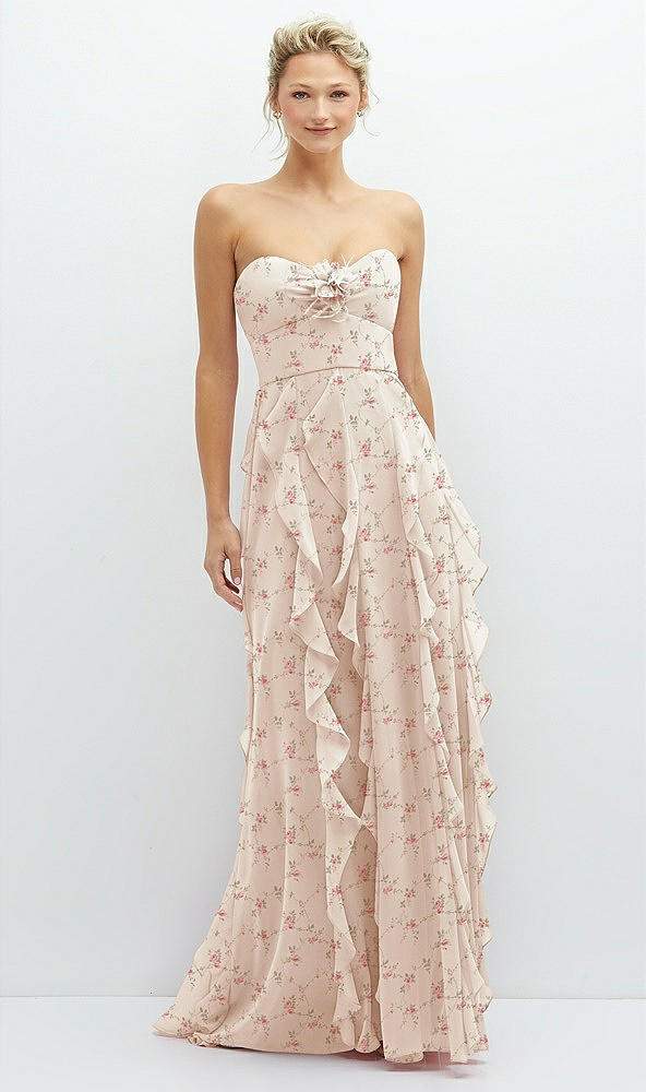 Front View - Coquette Floral Print Strapless Vertical Ruffle Chiffon Maxi Dress with Flower Detail