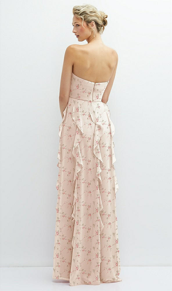 Back View - Coquette Floral Print Strapless Vertical Ruffle Chiffon Maxi Dress with Flower Detail