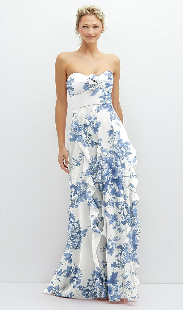 Front View - Cottage Rose Dusk Blue Strapless Vertical Ruffle Chiffon Maxi Dress with Flower Detail