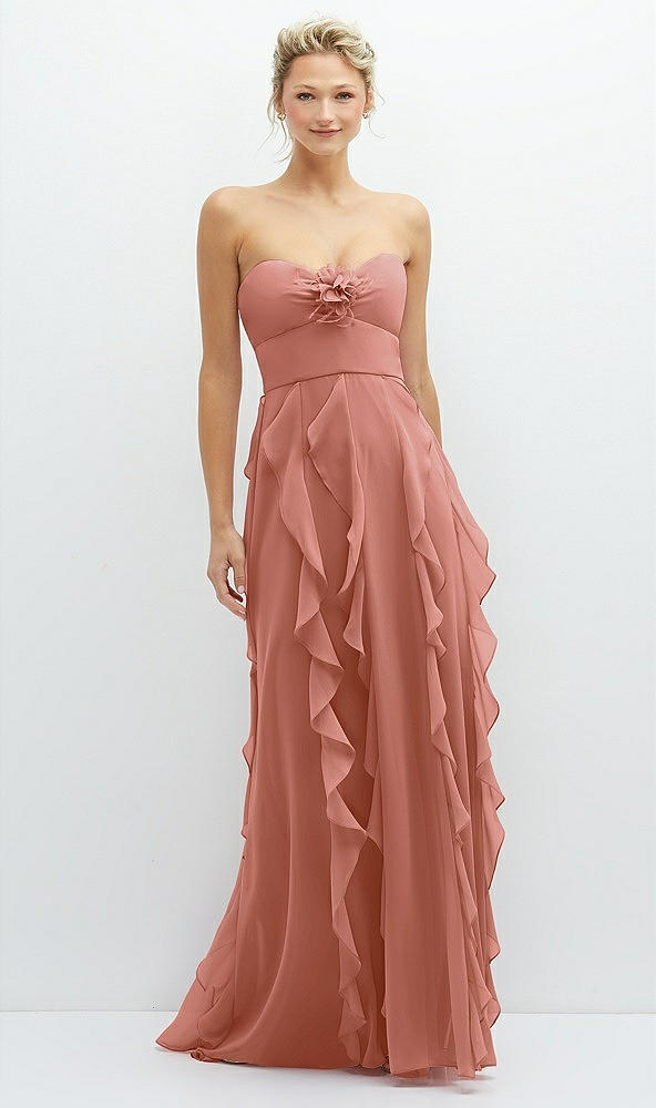 Front View - Desert Rose Strapless Vertical Ruffle Chiffon Maxi Dress with Flower Detail