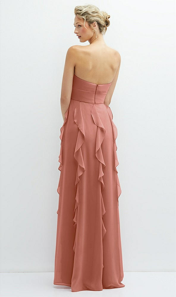 Back View - Desert Rose Strapless Vertical Ruffle Chiffon Maxi Dress with Flower Detail